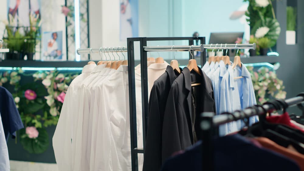 An independent retailer's boutique, inventory on racks.