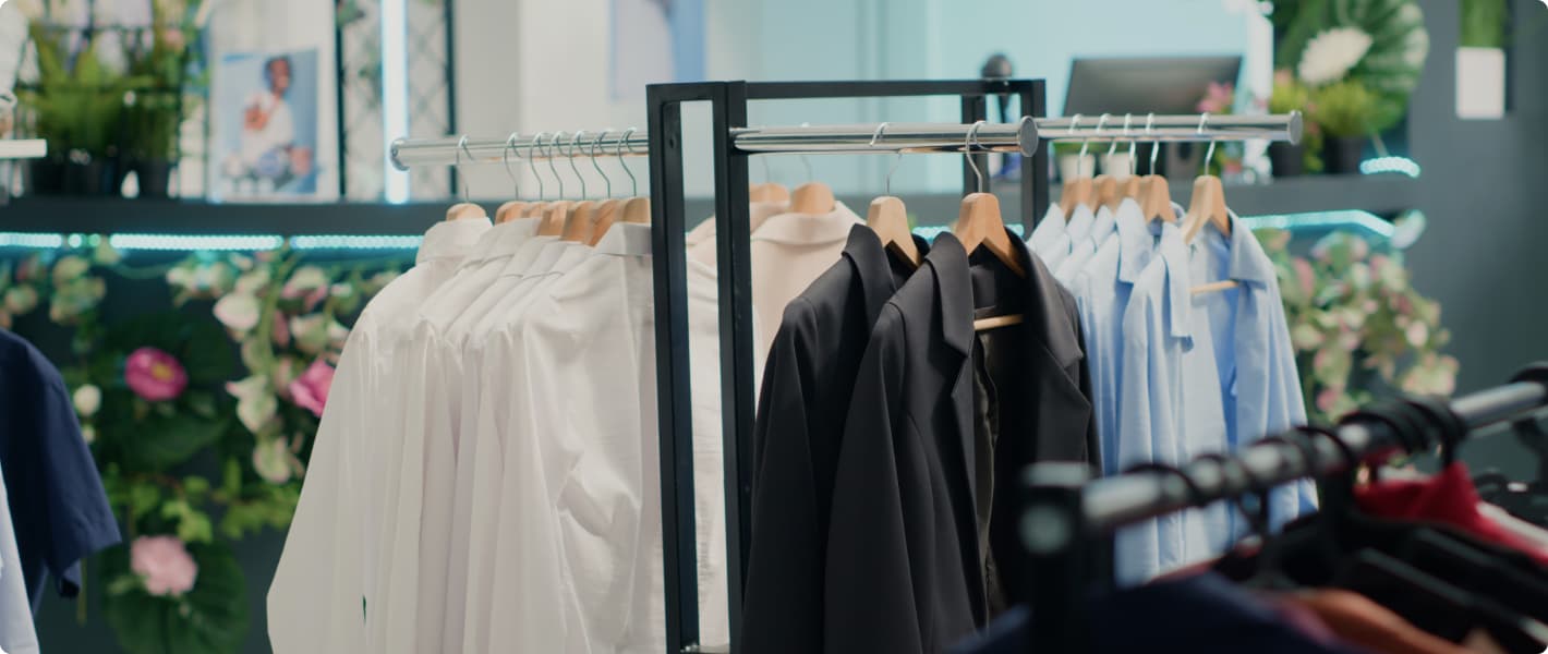 An independent retail store with elegant clothing racks.